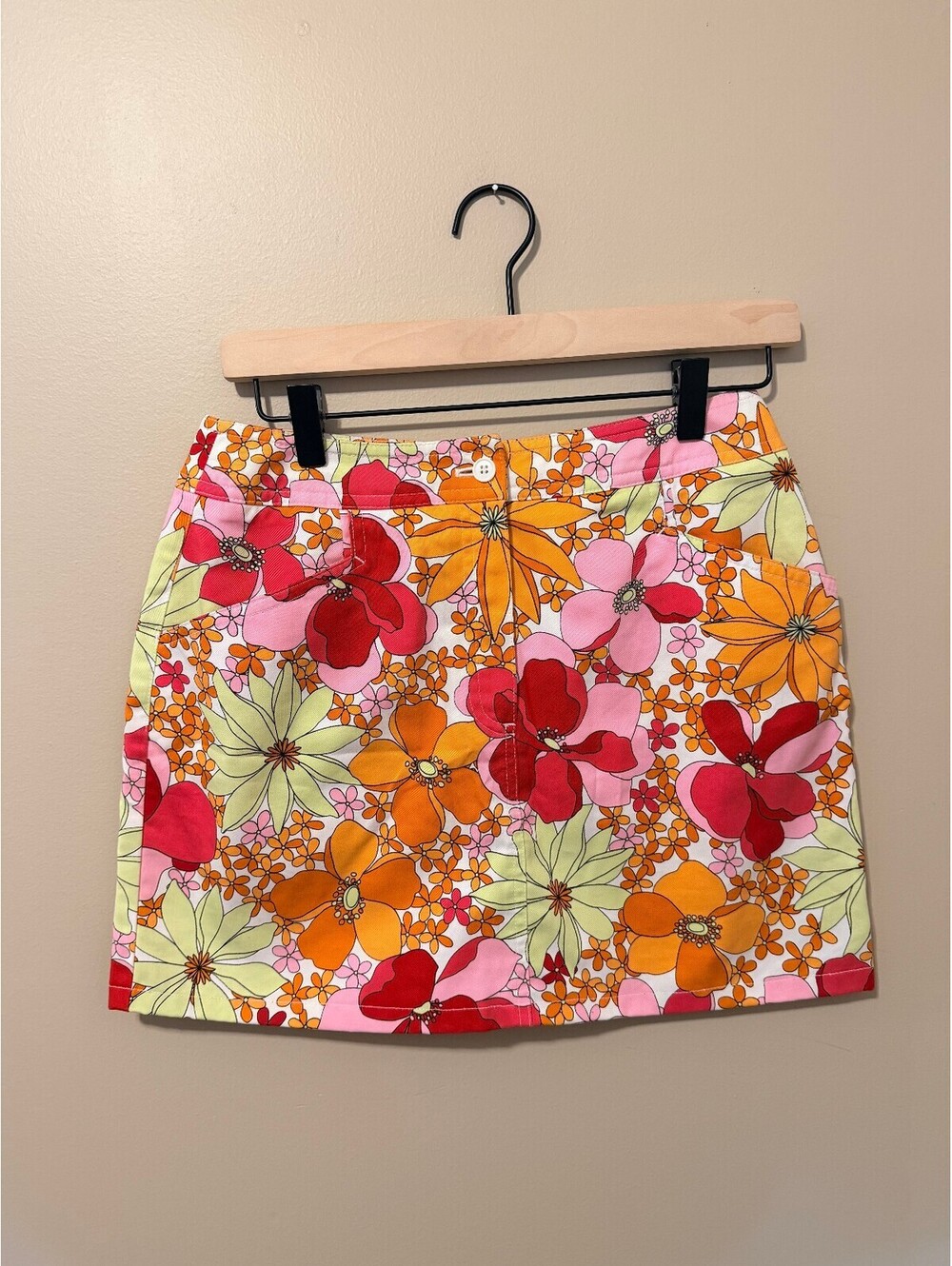 Talbots Petites Floral Mini Skirt Pink Orange Retro Women's Size 6 Cotton Blend